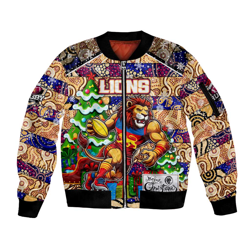 Custom Lions Rugby Merry Christmas Sleeve Zip Bomber Jacket Indigenous Australian Art
