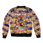 Custom Lions Rugby Merry Christmas Sleeve Zip Bomber Jacket Indigenous Australian Art