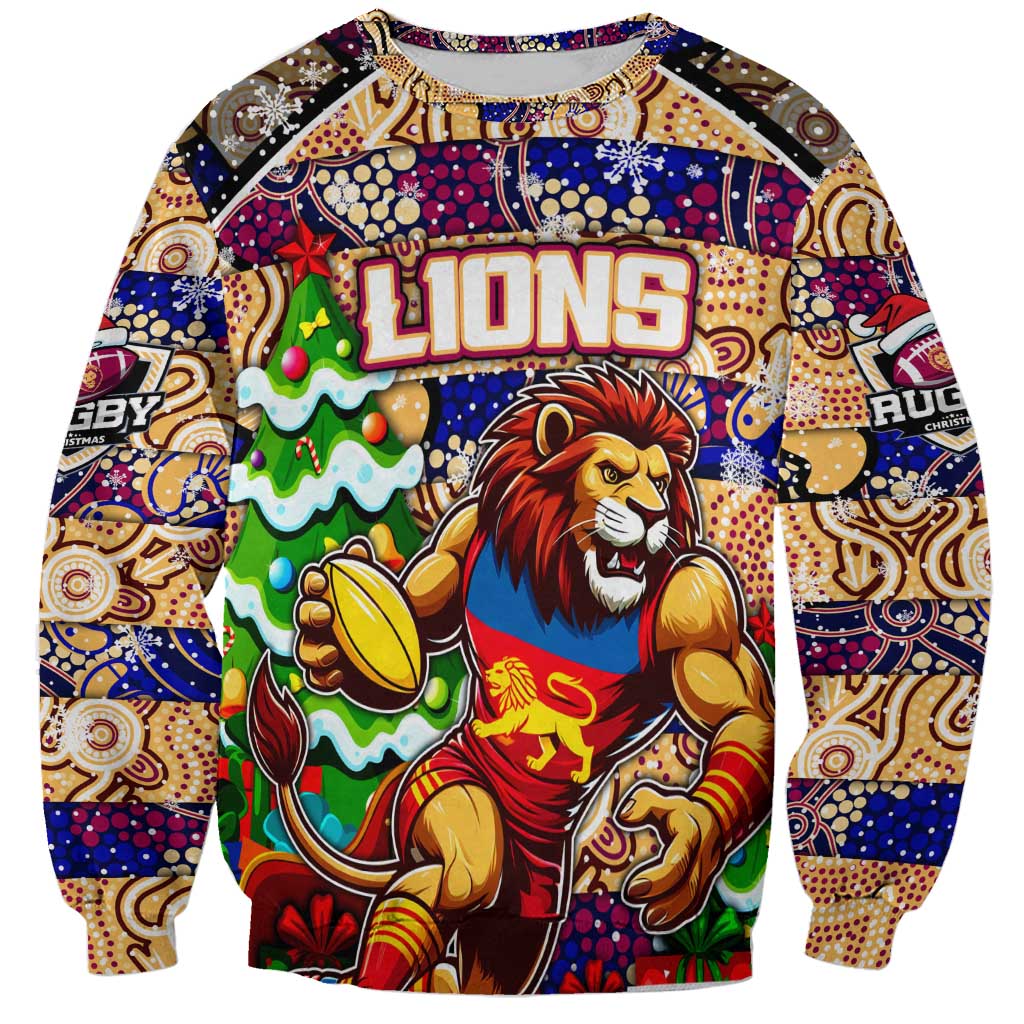Custom Lions Rugby Merry Christmas Sweatshirt Indigenous Australian Art