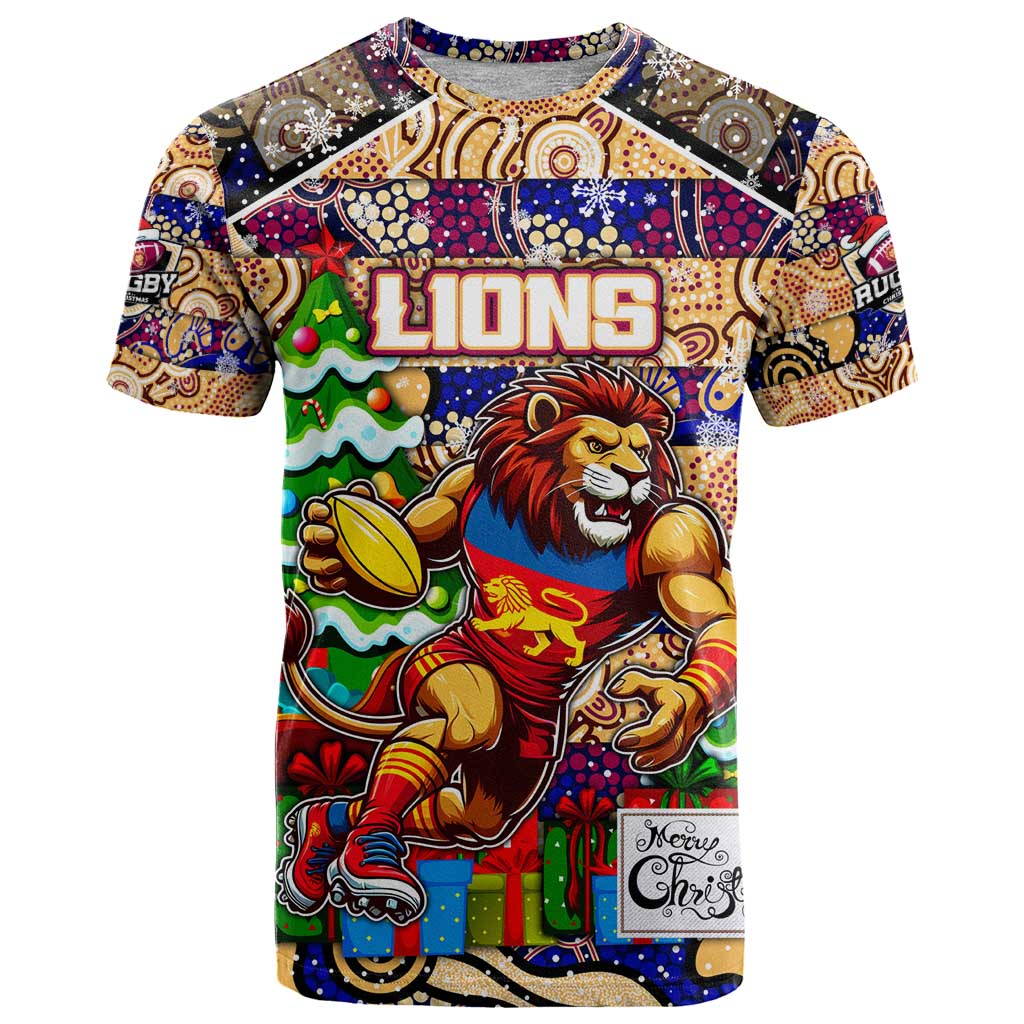 Custom Lions Rugby Merry Christmas T Shirt Indigenous Australian Art