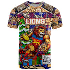 Custom Lions Rugby Merry Christmas T Shirt Indigenous Australian Art