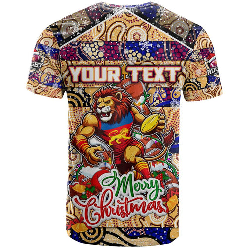 Custom Lions Rugby Merry Christmas T Shirt Indigenous Australian Art