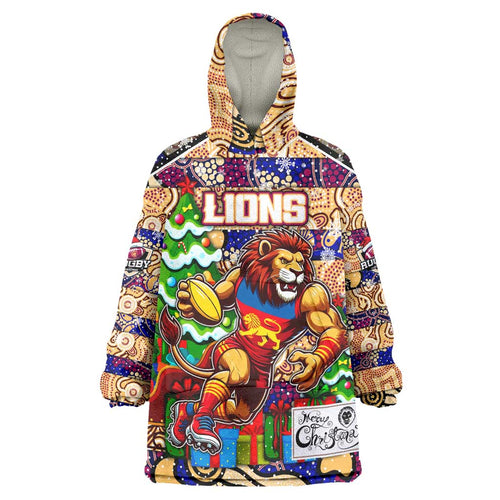 Custom Lions Rugby Merry Christmas Wearable Blanket Hoodie Indigenous Australian Art