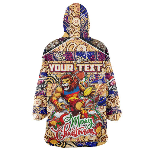 Custom Lions Rugby Merry Christmas Wearable Blanket Hoodie Indigenous Australian Art