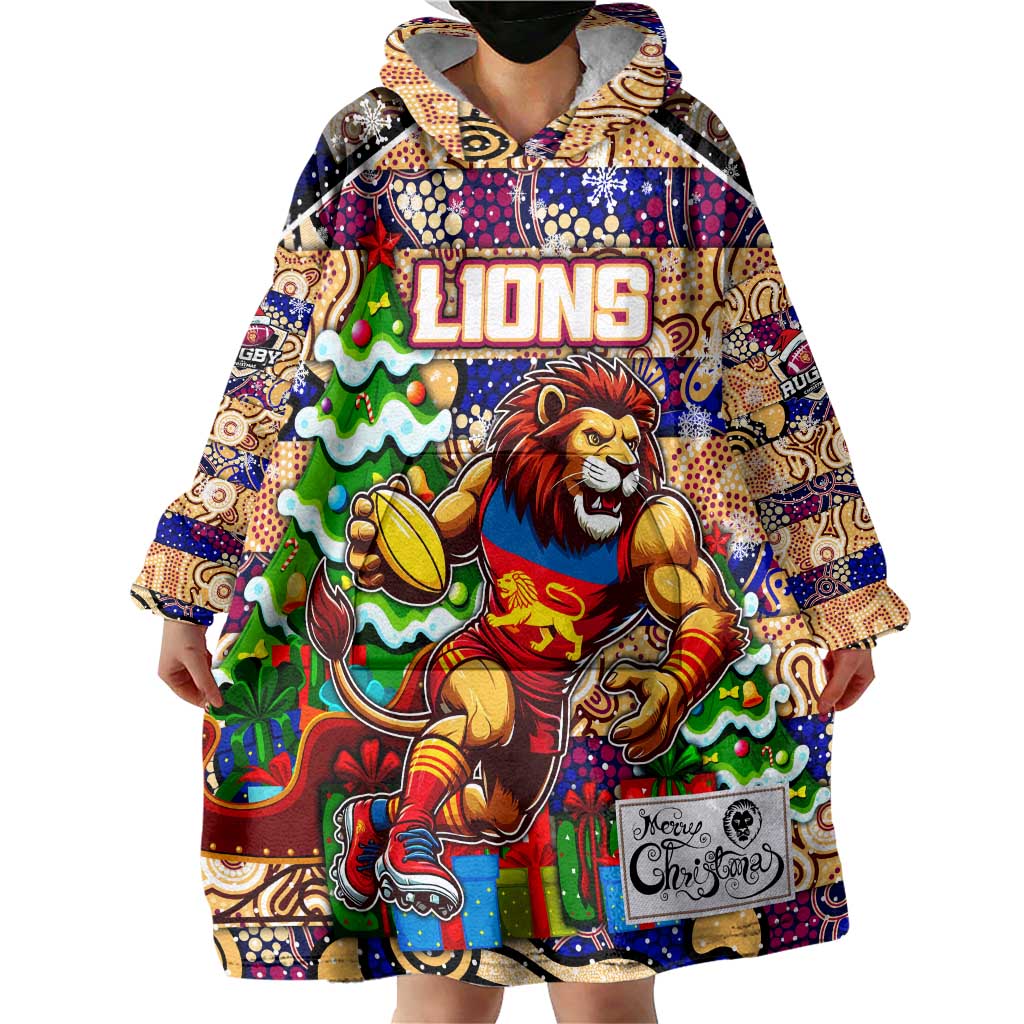 Custom Lions Rugby Merry Christmas Wearable Blanket Hoodie Indigenous Australian Art