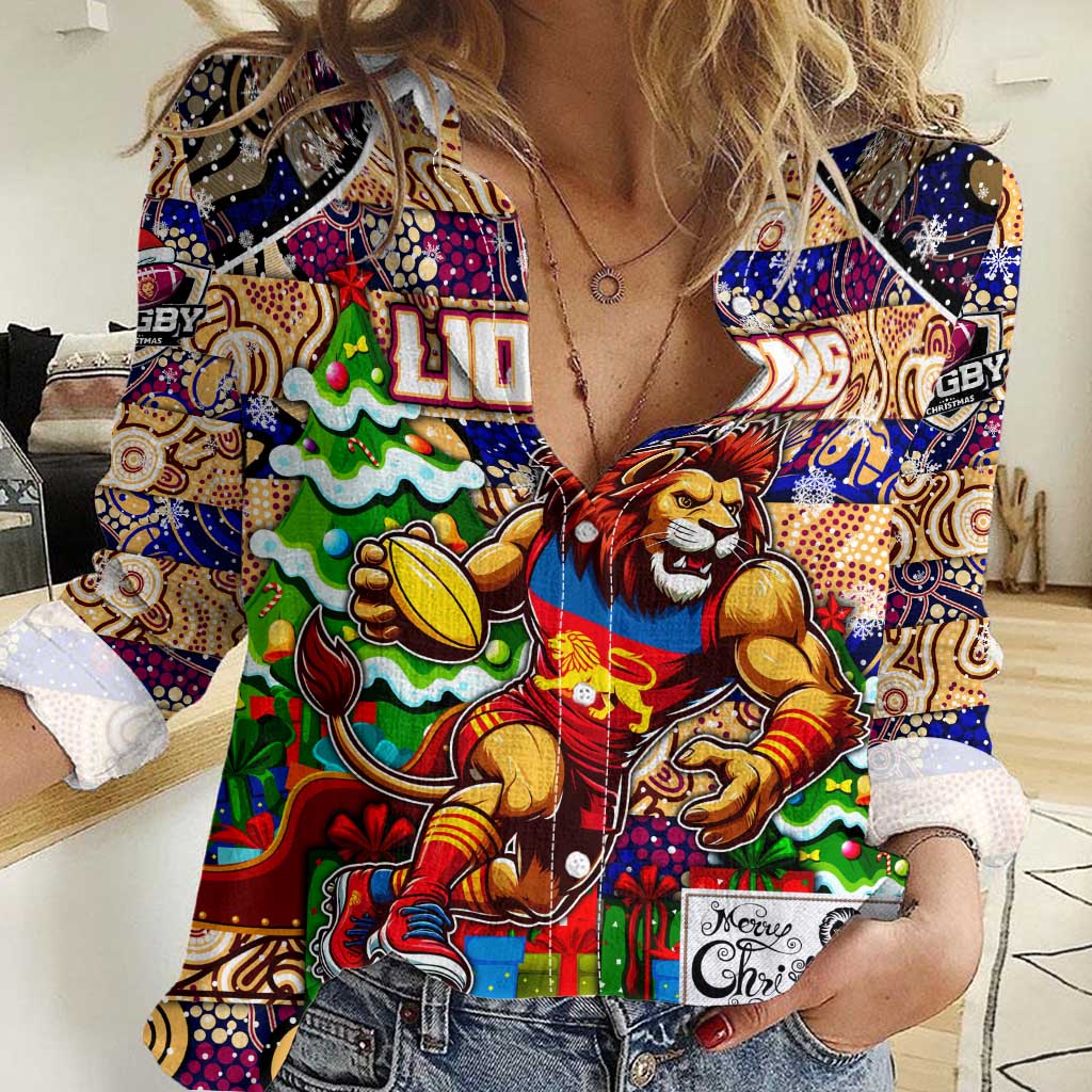 Custom Lions Rugby Merry Christmas Women Casual Shirt Indigenous Australian Art