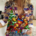 Custom Lions Rugby Merry Christmas Women Casual Shirt Indigenous Australian Art