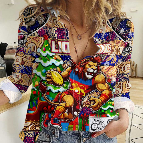 Custom Lions Rugby Merry Christmas Women Casual Shirt Indigenous Australian Art