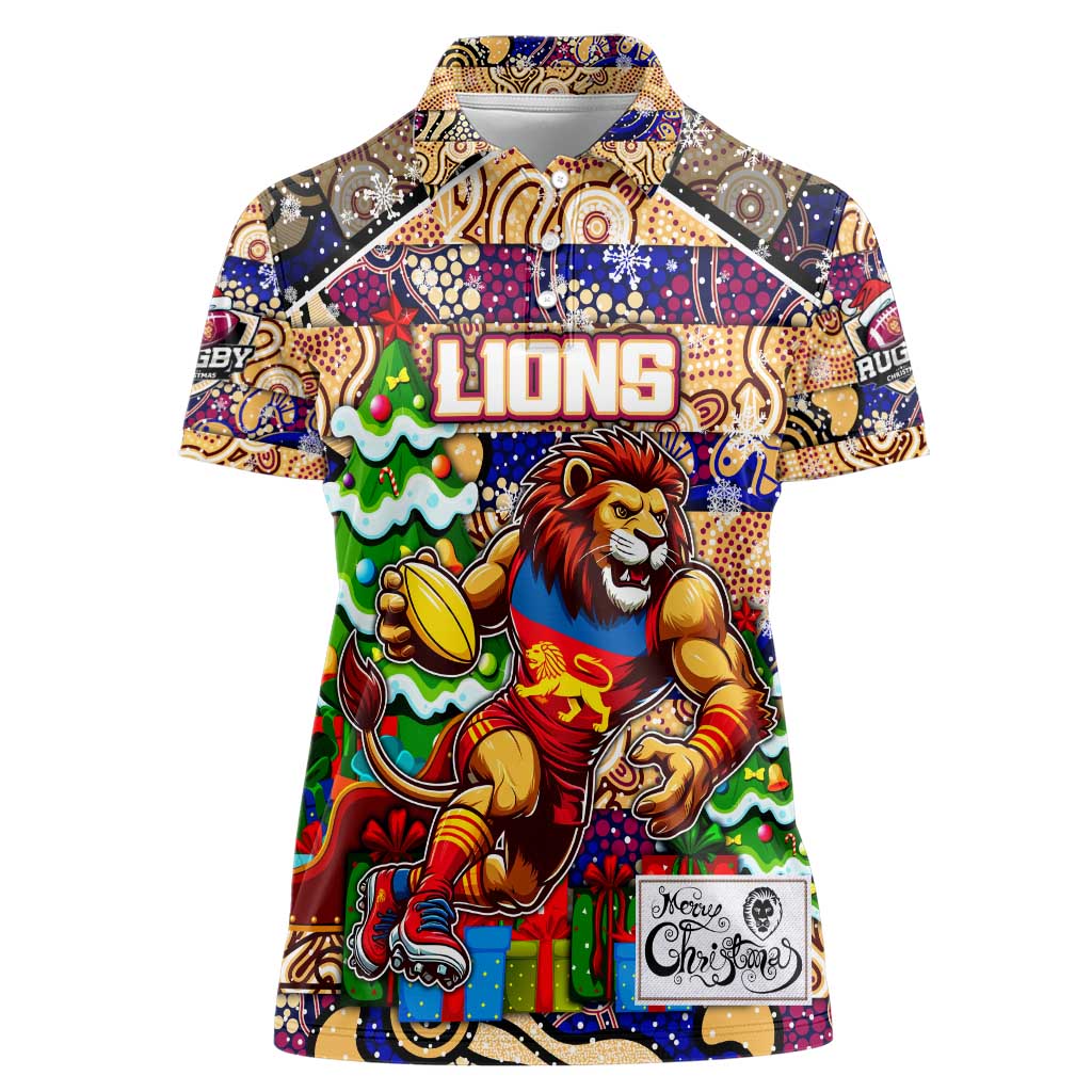 Custom Lions Rugby Merry Christmas Women Polo Shirt Indigenous Australian Art
