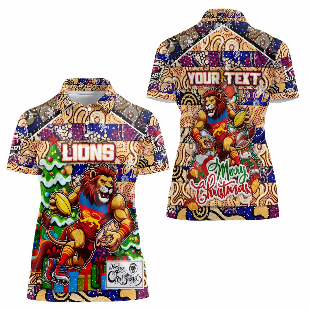 Custom Lions Rugby Merry Christmas Women Polo Shirt Indigenous Australian Art