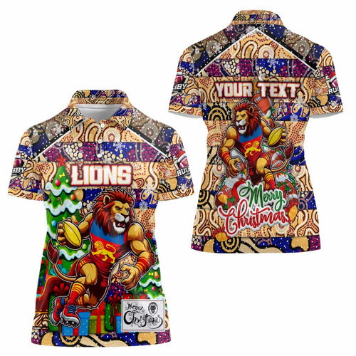 Custom Lions Rugby Merry Christmas Women Polo Shirt Indigenous Australian Art