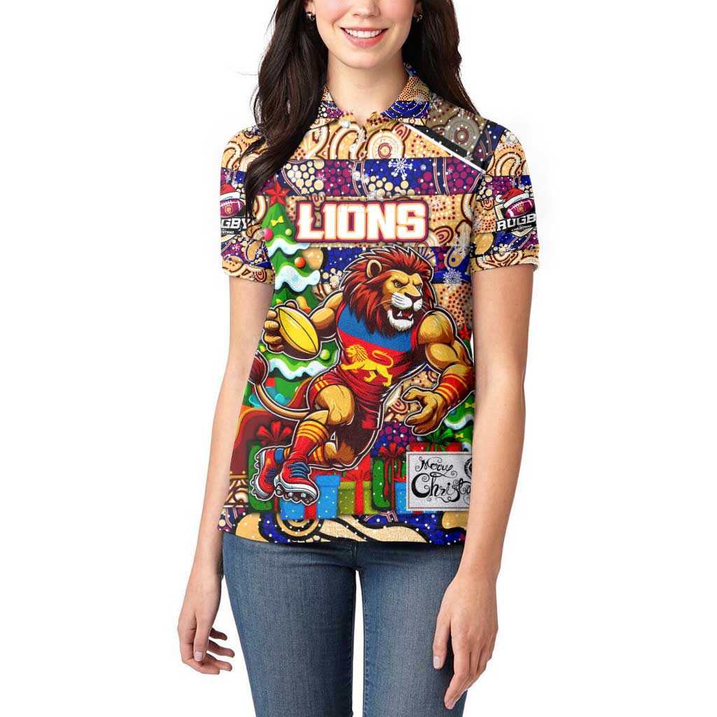 Custom Lions Rugby Merry Christmas Women Polo Shirt Indigenous Australian Art