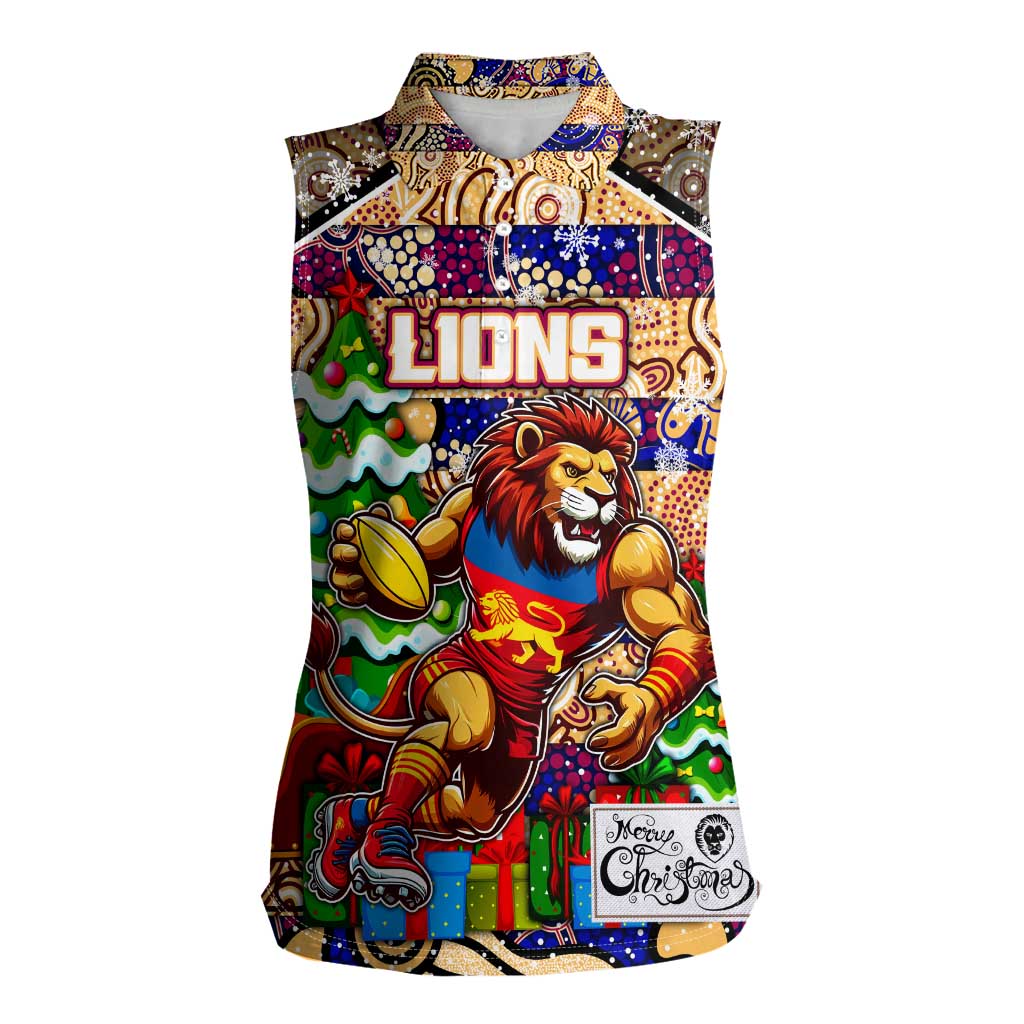 Custom Lions Rugby Merry Christmas Women Sleeveless Polo Shirt Indigenous Australian Art