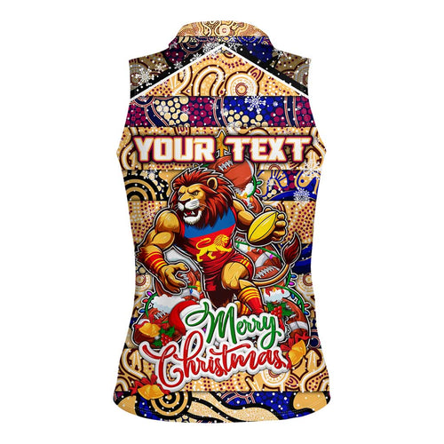 Custom Lions Rugby Merry Christmas Women Sleeveless Polo Shirt Indigenous Australian Art