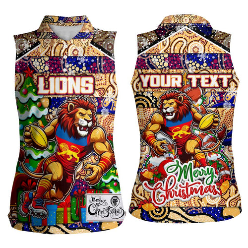 Custom Lions Rugby Merry Christmas Women Sleeveless Polo Shirt Indigenous Australian Art