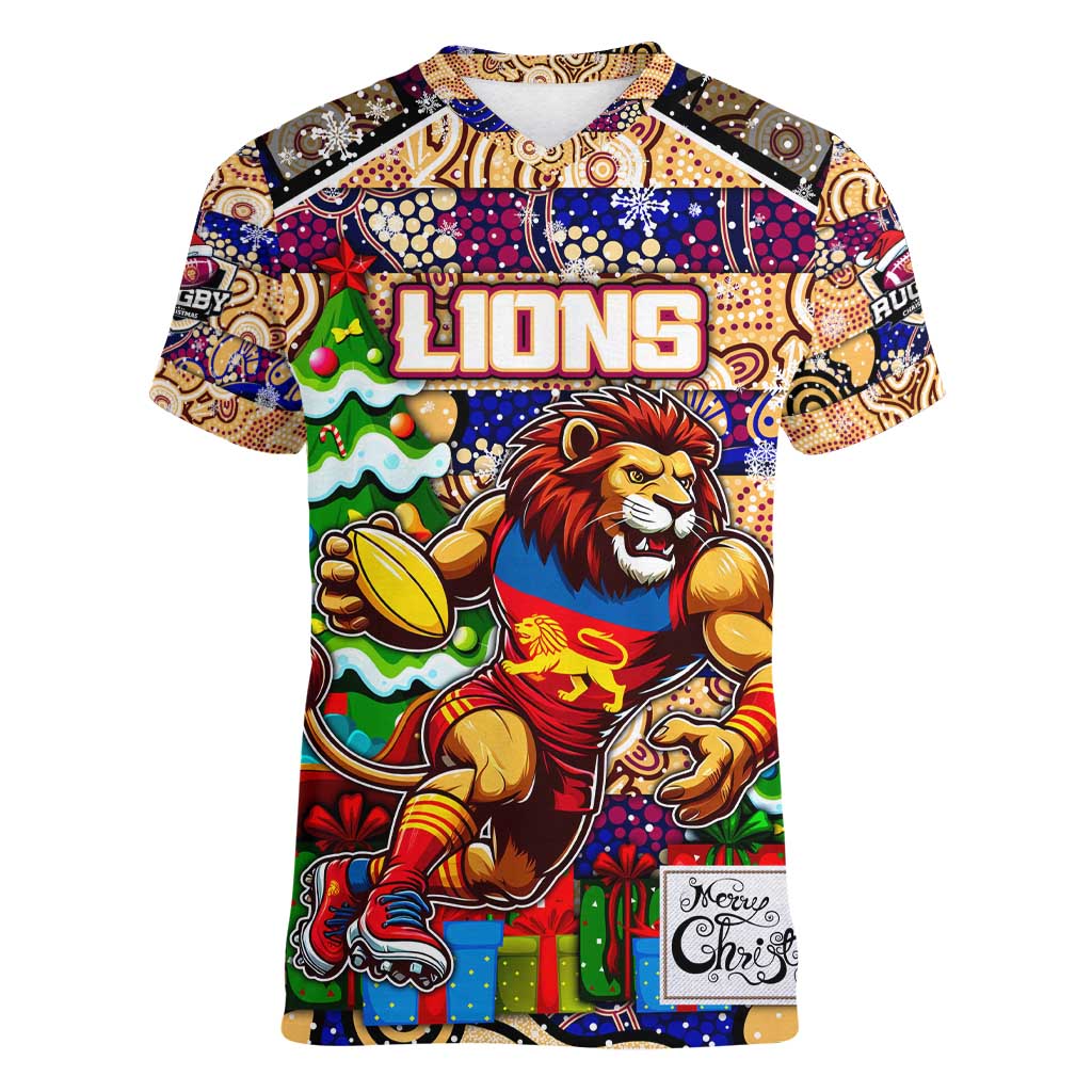 Custom Lions Rugby Merry Christmas Women V-Neck T-Shirt Indigenous Australian Art