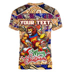 Custom Lions Rugby Merry Christmas Women V-Neck T-Shirt Indigenous Australian Art