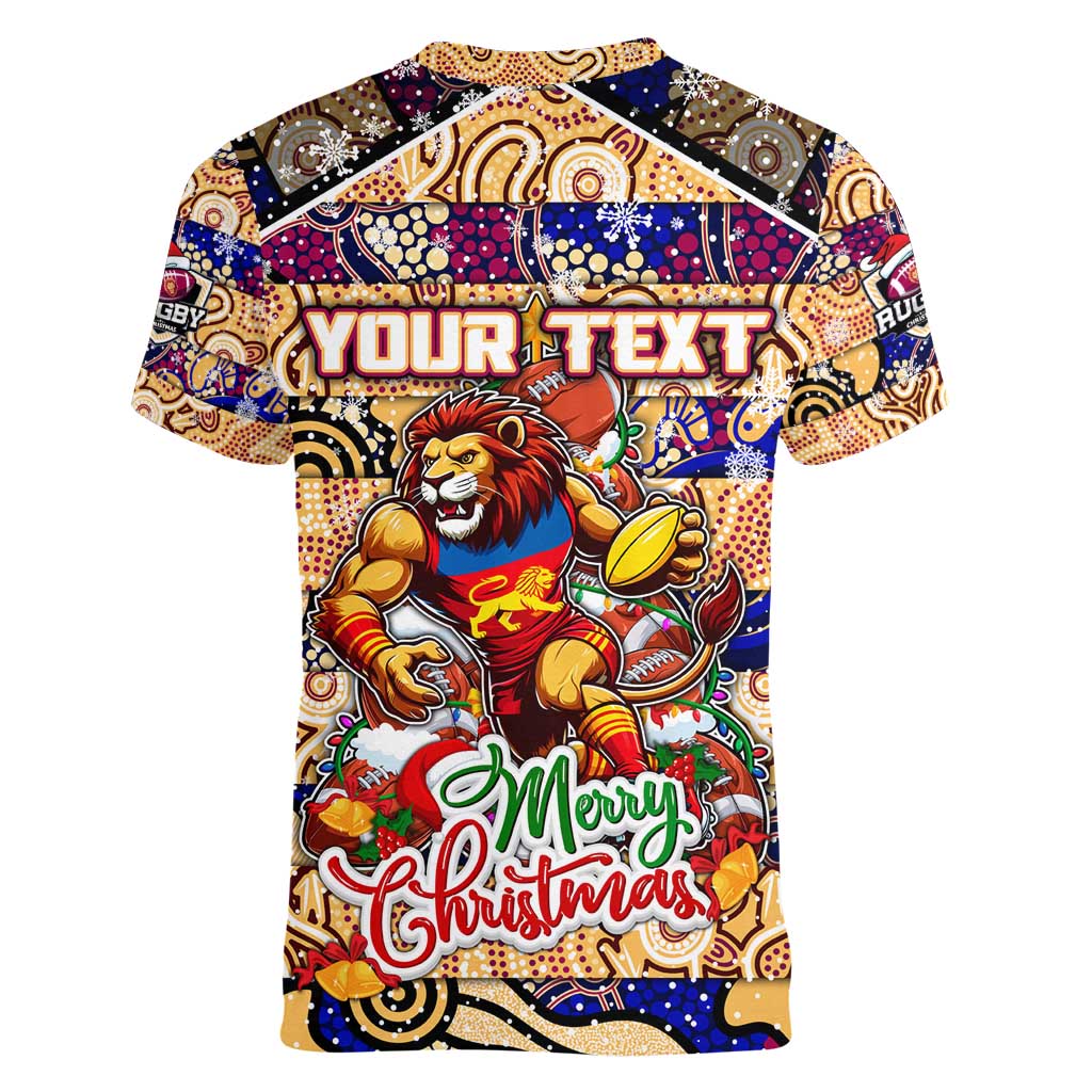 Custom Lions Rugby Merry Christmas Women V-Neck T-Shirt Indigenous Australian Art