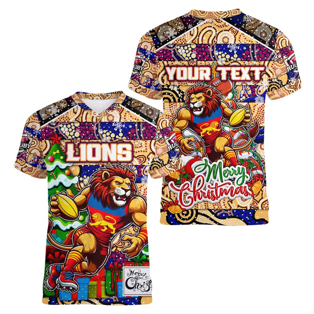 Custom Lions Rugby Merry Christmas Women V-Neck T-Shirt Indigenous Australian Art