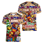 Custom Lions Rugby Merry Christmas Women V-Neck T-Shirt Indigenous Australian Art