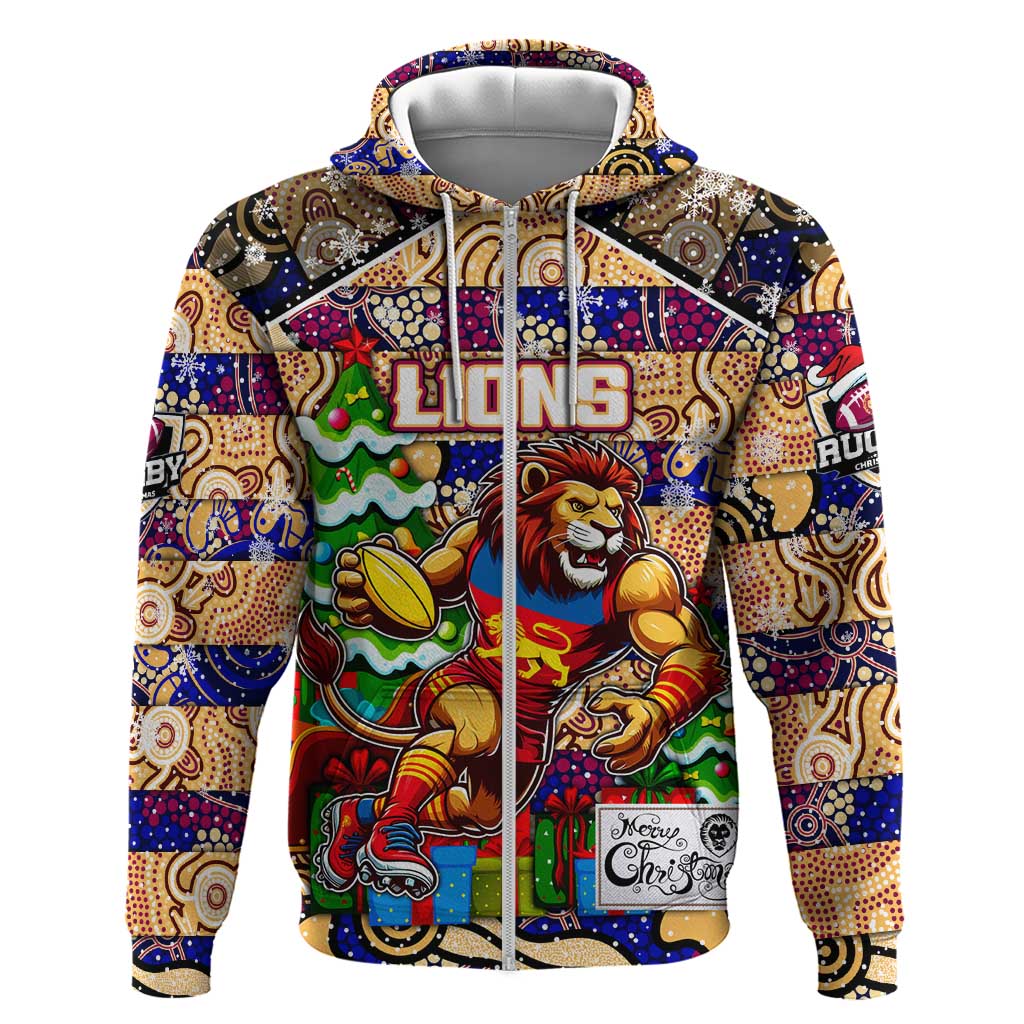 Custom Lions Rugby Merry Christmas Zip Hoodie Indigenous Australian Art