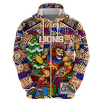 Custom Lions Rugby Merry Christmas Zip Hoodie Indigenous Australian Art