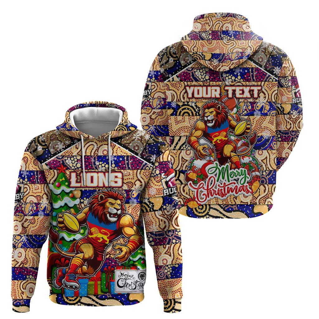 Custom Lions Rugby Merry Christmas Zip Hoodie Indigenous Australian Art