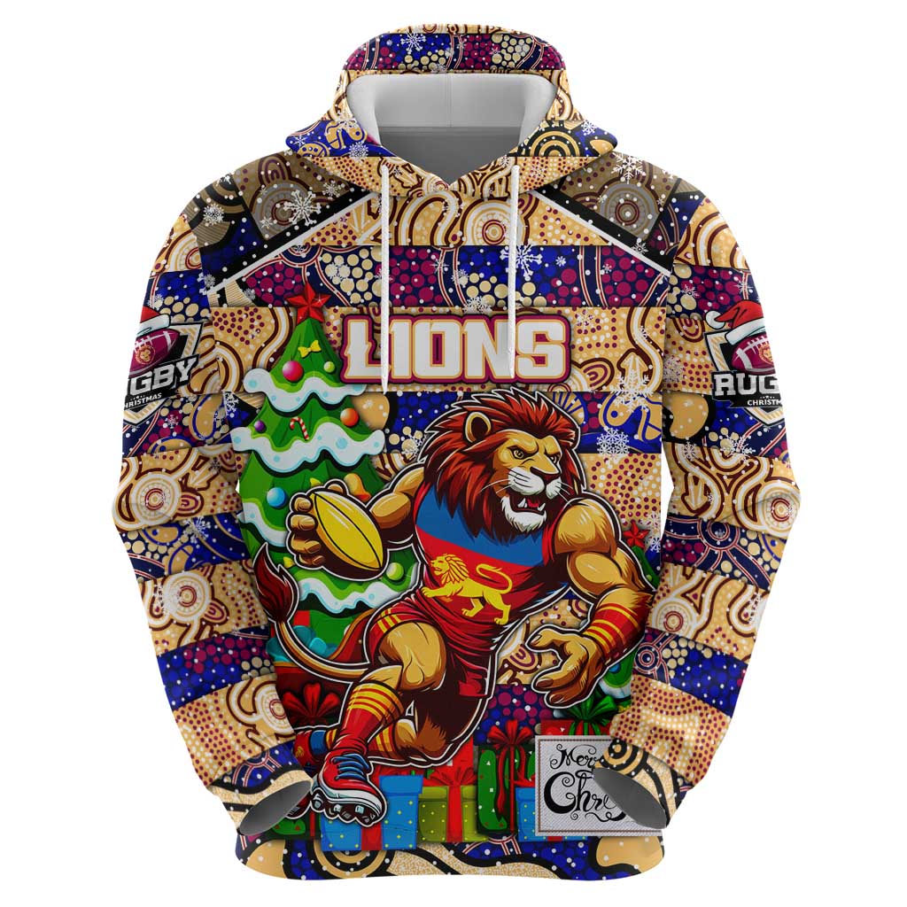 Custom Lions Rugby Merry Christmas Zip Hoodie Indigenous Australian Art