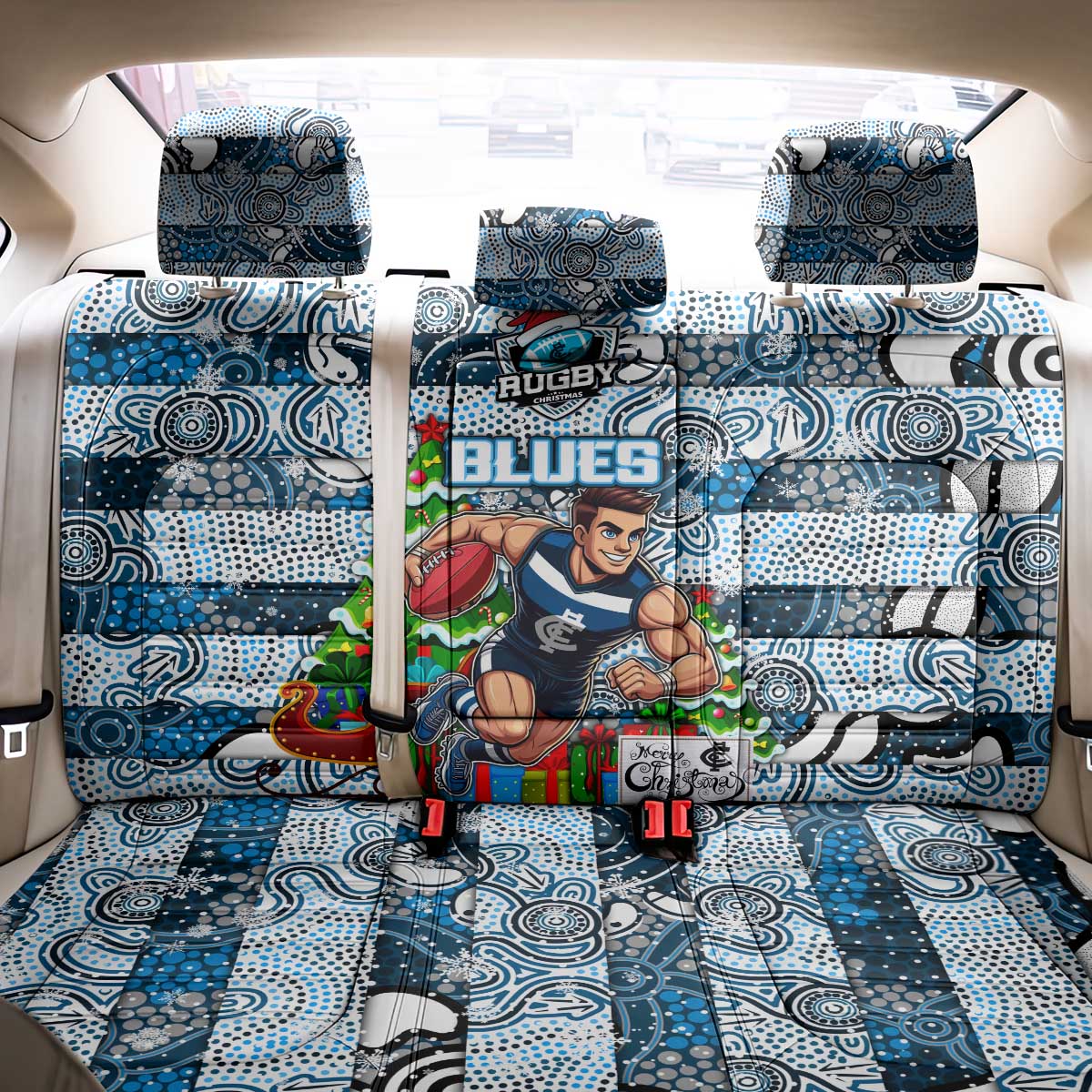 Blues Football Merry Christmas Back Car Seat Cover Indigenous Australian Art