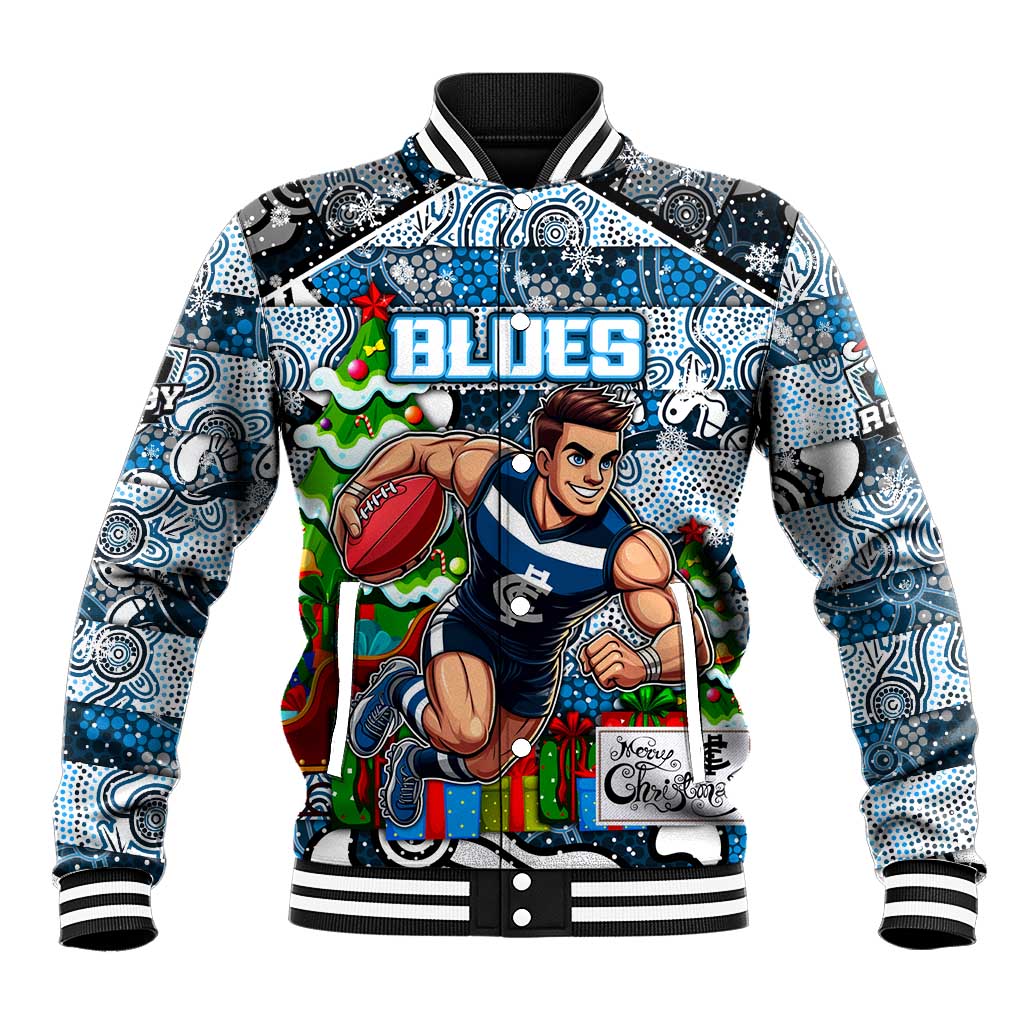 Custom Blues Rugby Merry Christmas Baseball Jacket Indigenous Australian Art
