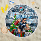 Blues Football Merry Christmas Beach Blanket Indigenous Australian Art
