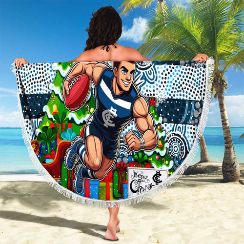 Blues Football Merry Christmas Beach Blanket Indigenous Australian Art