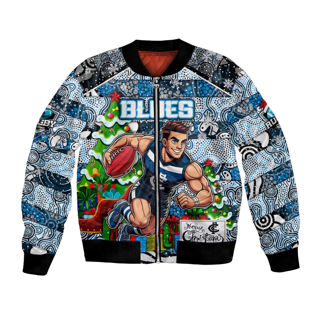 Custom Blues Rugby Merry Christmas Bomber Jacket Indigenous Australian Art
