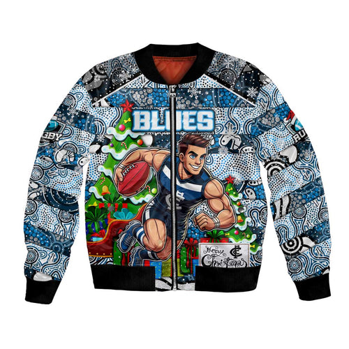 Custom Blues Rugby Merry Christmas Bomber Jacket Indigenous Australian Art