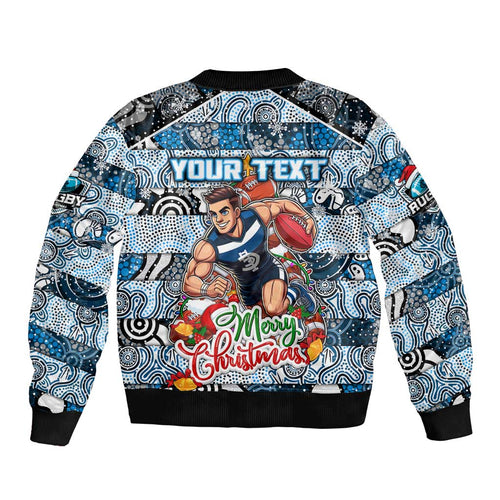 Custom Blues Rugby Merry Christmas Bomber Jacket Indigenous Australian Art