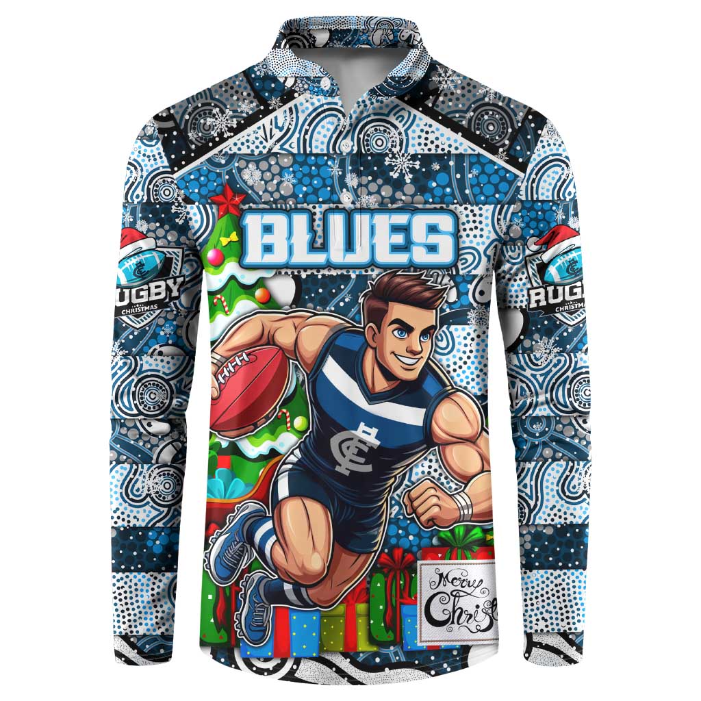 Custom Blues Rugby Merry Christmas Button Sweatshirt Indigenous Australian Art