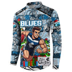 Custom Blues Rugby Merry Christmas Button Sweatshirt Indigenous Australian Art