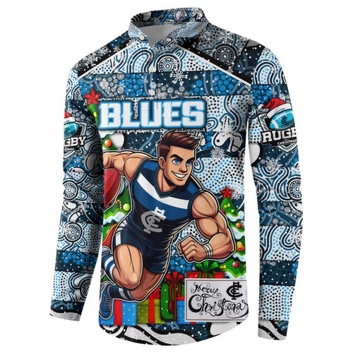 Custom Blues Rugby Merry Christmas Button Sweatshirt Indigenous Australian Art