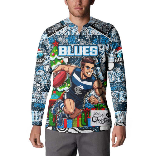Custom Blues Rugby Merry Christmas Button Sweatshirt Indigenous Australian Art