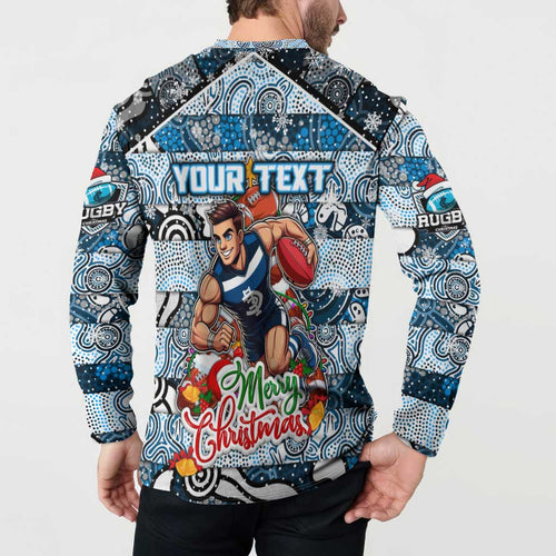 Custom Blues Rugby Merry Christmas Button Sweatshirt Indigenous Australian Art