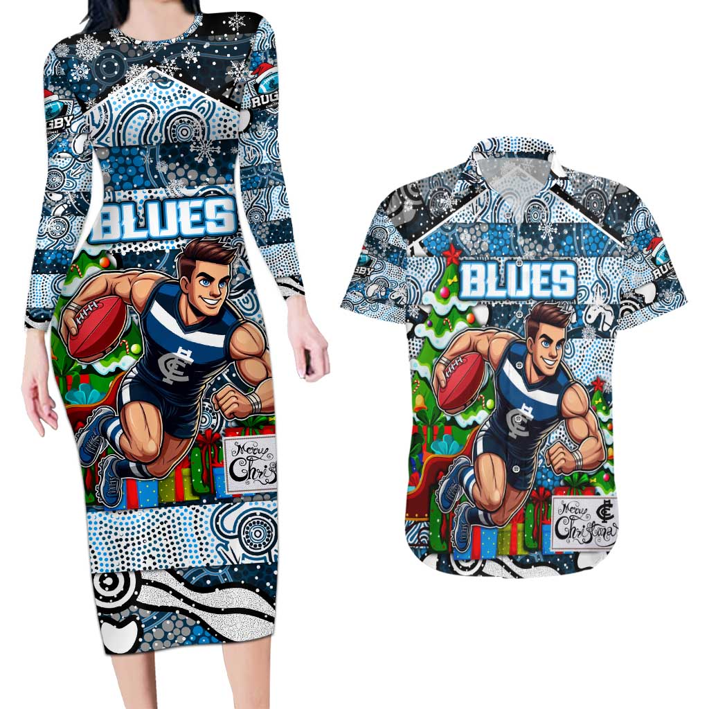 Custom Blues Rugby Merry Christmas Couples Matching Long Sleeve Bodycon Dress and Hawaiian Shirt Indigenous Australian Art