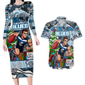 Custom Blues Rugby Merry Christmas Couples Matching Long Sleeve Bodycon Dress and Hawaiian Shirt Indigenous Australian Art