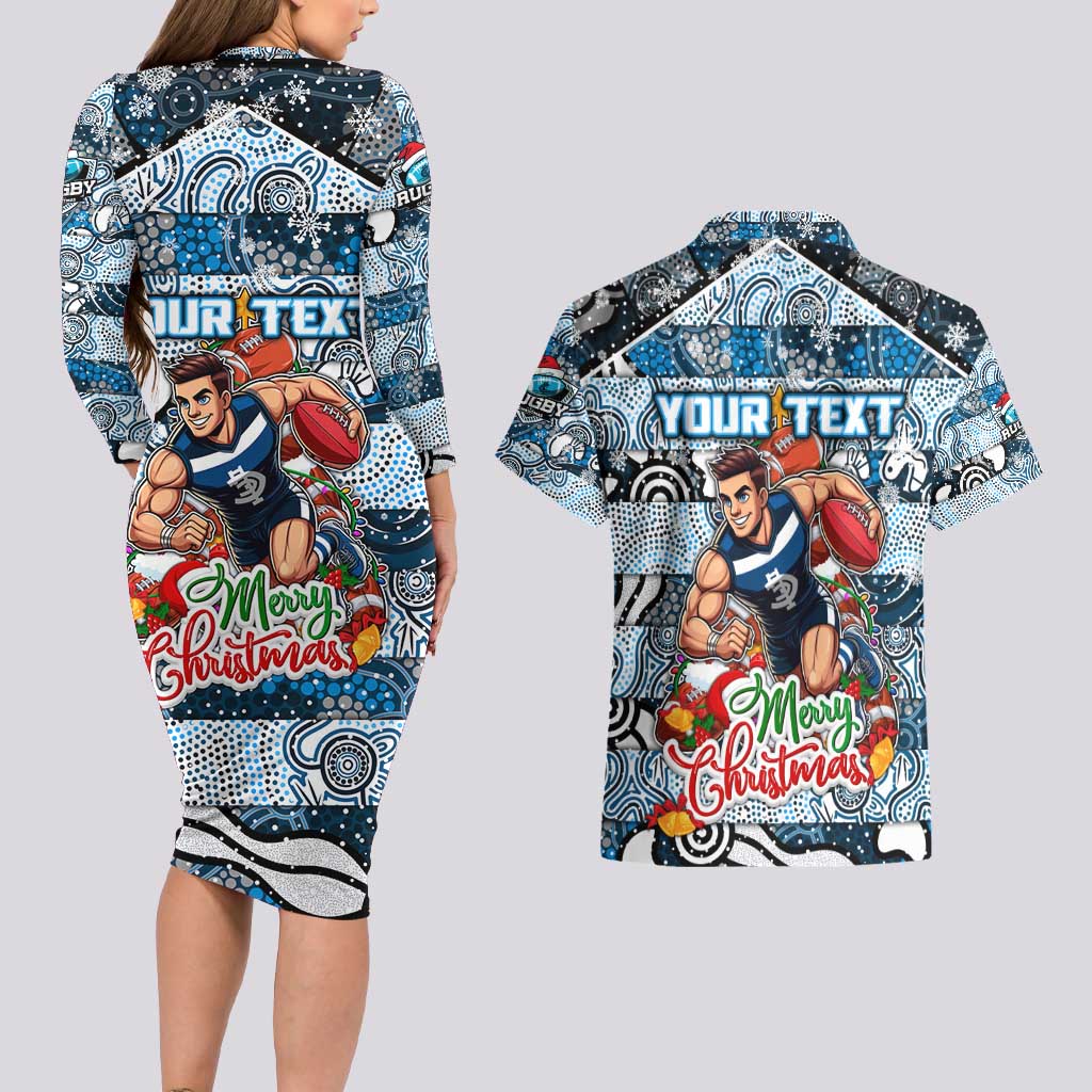 Custom Blues Rugby Merry Christmas Couples Matching Long Sleeve Bodycon Dress and Hawaiian Shirt Indigenous Australian Art