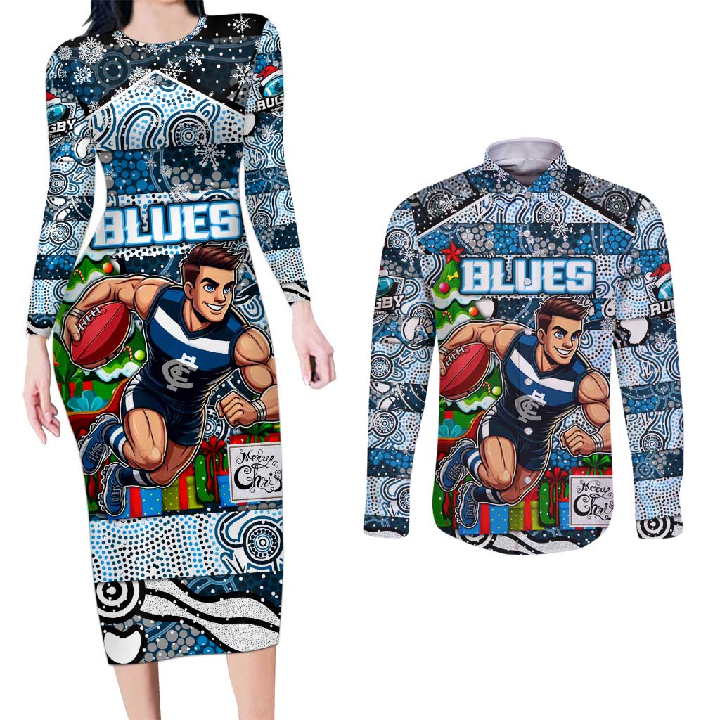 Custom Blues Rugby Merry Christmas Couples Matching Long Sleeve Bodycon Dress and Long Sleeve Button Shirt Indigenous Australian Art
