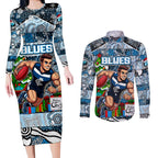 Custom Blues Rugby Merry Christmas Couples Matching Long Sleeve Bodycon Dress and Long Sleeve Button Shirt Indigenous Australian Art