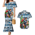 Custom Blues Rugby Merry Christmas Couples Matching Mermaid Dress and Hawaiian Shirt Indigenous Australian Art