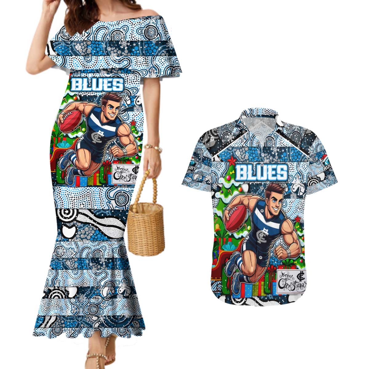 Custom Blues Rugby Merry Christmas Couples Matching Mermaid Dress and Hawaiian Shirt Indigenous Australian Art