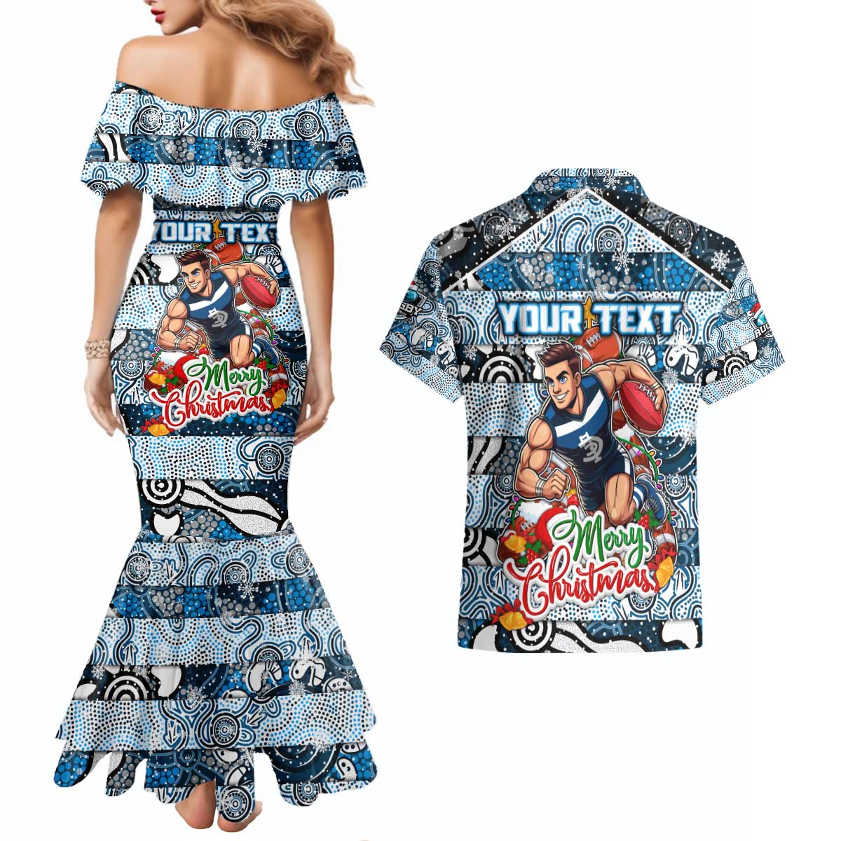 Custom Blues Rugby Merry Christmas Couples Matching Mermaid Dress and Hawaiian Shirt Indigenous Australian Art