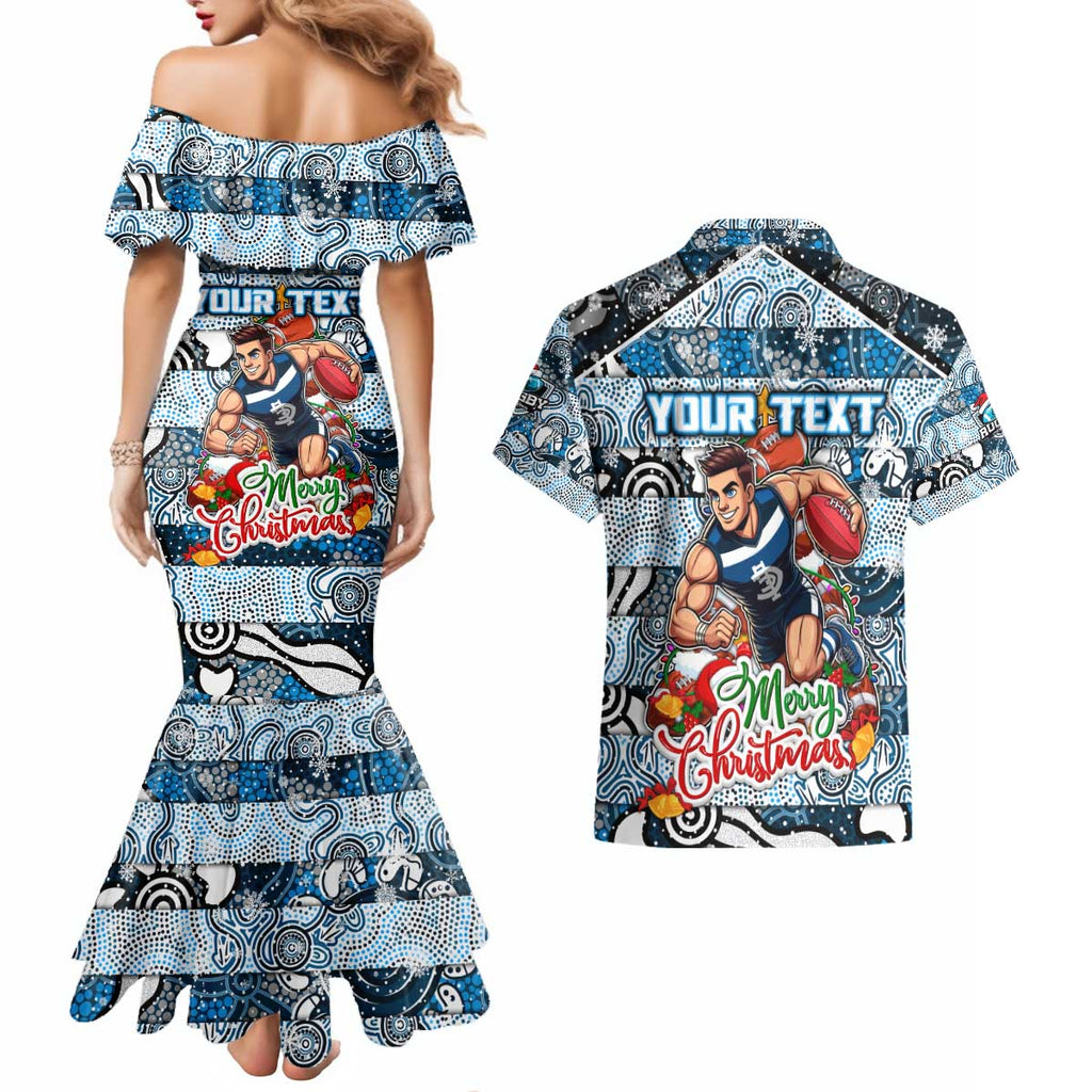 Custom Blues Rugby Merry Christmas Couples Matching Mermaid Dress and Hawaiian Shirt Indigenous Australian Art