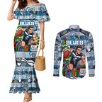 Custom Blues Rugby Merry Christmas Couples Matching Mermaid Dress and Long Sleeve Button Shirt Indigenous Australian Art